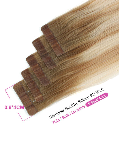 18 inch Tape In Hair Extensions Rooted Highlights R8/P12-60# Real 100% Human Remy Hair