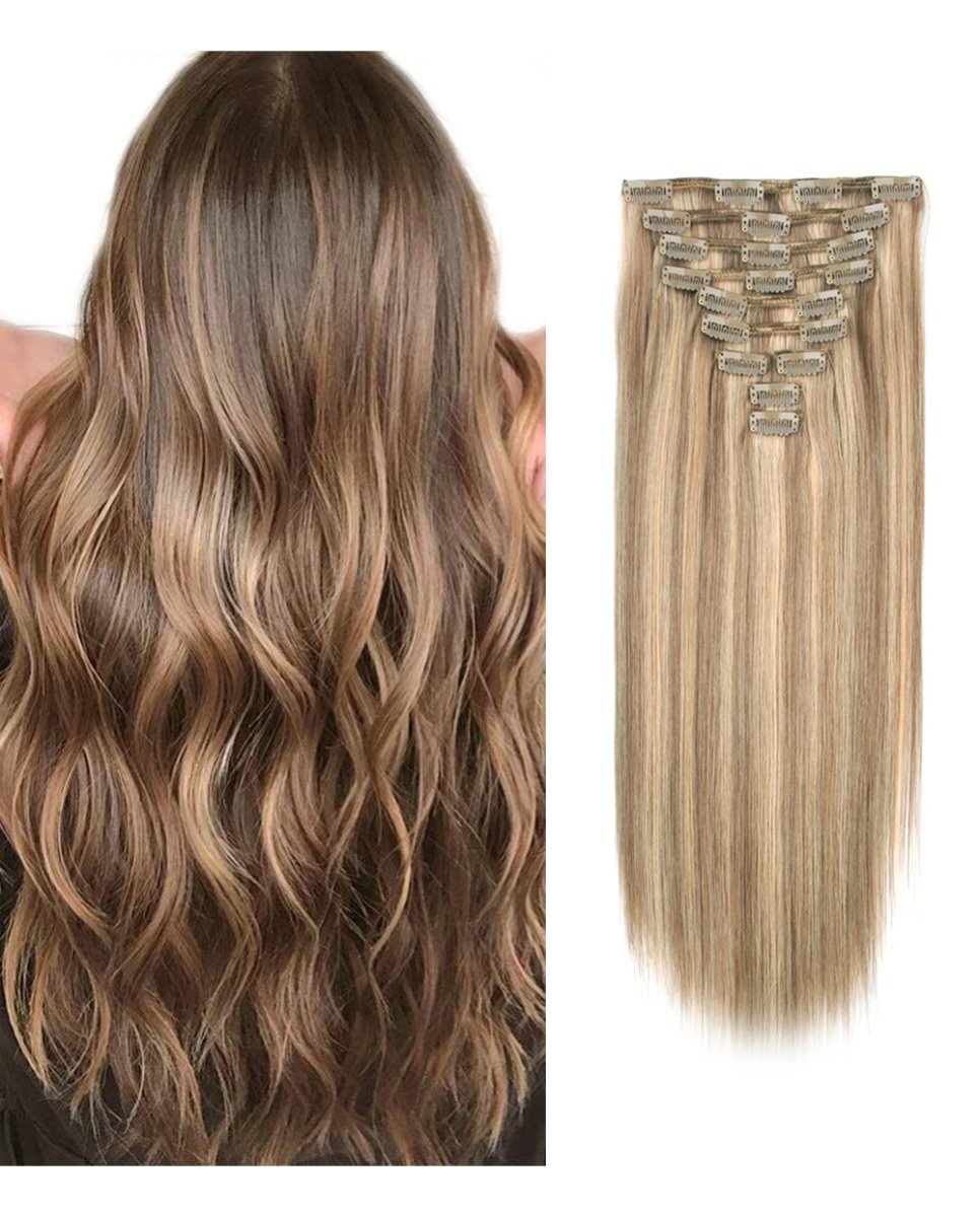 22 Inch Clip In Hair Extensions 220g Highlights 6/12# 100% Remy Human Hair  For Full  and Invisible Instant extensions. Best clip in hair  extensions for instantly long hair.