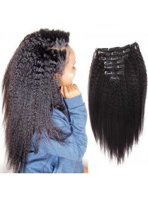 Jet Black Kinky Straight Clip In Hair Extensions