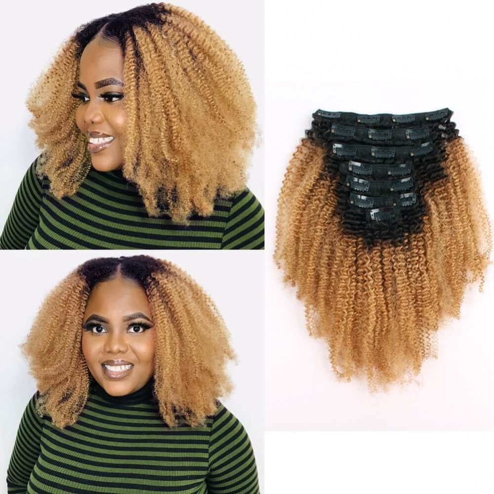sassina remy human hair two tone 1b/27# ombre afro curly clip in hair  extensions
